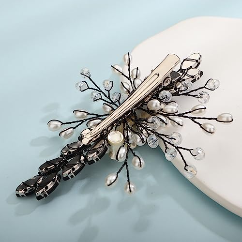 Xerling Black Rhinestones Crystal Flower Hair Barrettes Clip Boho Bridal Pearl Hair Jewelry Accessories for Women Wedding Floral Headpieces (Black) - color: Black