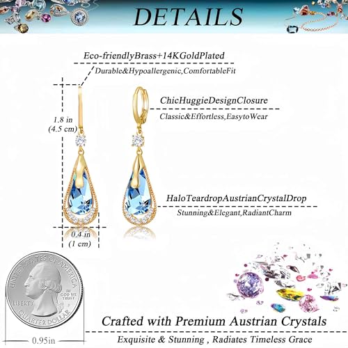 Trendy Austrian Crystal Teardrop Drop Huggie Dangle Earrings for Women 14k Rose Gold Plated Hypoallergenic Jewelry Gifts - color: Aquamarine