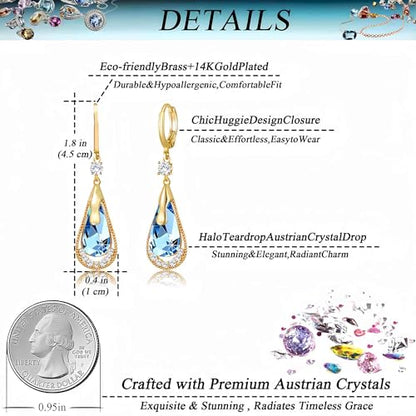 Trendy Austrian Crystal Teardrop Drop Huggie Dangle Earrings for Women 14k Rose Gold Plated Hypoallergenic Jewelry Gifts - color: Aquamarine