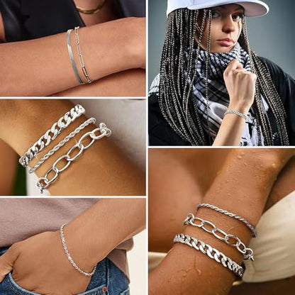 SEEDRILL Bracelets for Women Trendy Waterproof 316 Stainless Steel 18K Real Gold Plated Jewelry Sets Chunky Stackable Cuban Link Paperclip Herringbone Rope Chain Bracelet Pack Gifts Silvery/Gold-Tone - color: Silvery