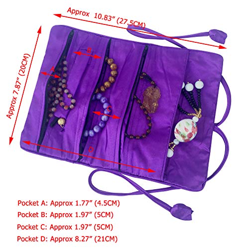 Travel Jewelry Roll Bag - Silk Embroidered Brocade Pouch for Rings, Necklaces, Earrings, Bracelets | Lightweight & Tie Closure (Dark Purple) - color: Dark Purple