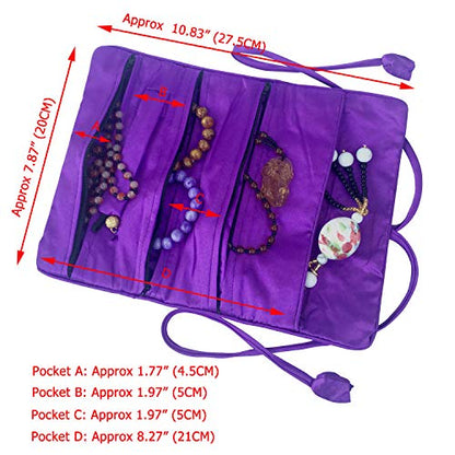 Travel Jewelry Roll Bag - Silk Embroidered Brocade Pouch for Rings, Necklaces, Earrings, Bracelets | Lightweight & Tie Closure (Dark Purple) - color: Dark Purple