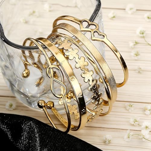Gold Bangle Bracelet, 6 Pcs Layer Stackable Cuff Bracelet Set, 14K Gold Plated Dainty Layered Chain for Women (Gold)