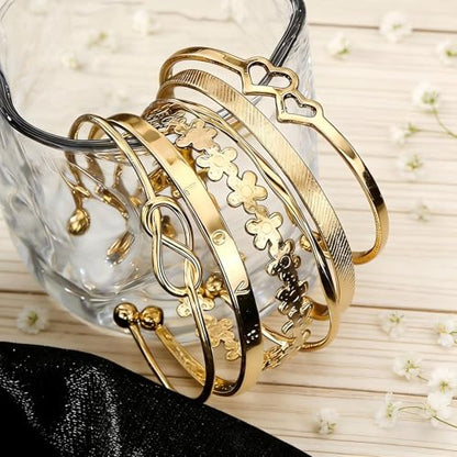 Gold Bangle Bracelet, 6 Pcs Layer Stackable Cuff Bracelet Set, 14K Gold Plated Dainty Layered Chain for Women (Gold)