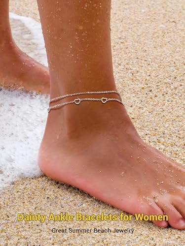 PROSTEEL Ankle Bracelets for Women, Silver/Gold/Black, Waterproof Anklets | Waterproof, Stainless Steel, Summer Beach Jewelry, Durable & No Tarnish, Come with Gift Box, 8-10.5" Adjustable, Plus Size - color: I: Silver-6 Heart Layered