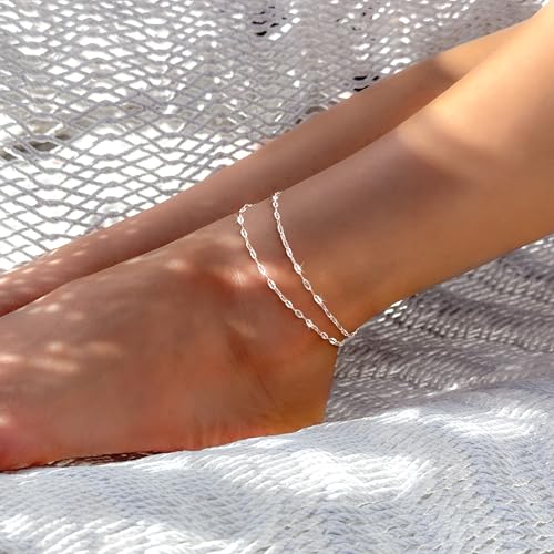 Robaice Ankle Bracelets for Women, 14K Gold Plated/Silver Layered Anklets | Waterproof Adjustable Anklet for Women, Summer Beach Anklet, Glitter Jewelry for Women Gifts - color: Silver-4