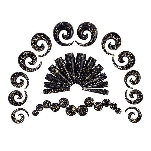 Qmcandy 00G-20mm Ear Stretching Kit 36PCS Big Gauge Taper Kit Large Acrylic Tunnel Plug Spiral Set - color: 36pcs Gloden Line, Black