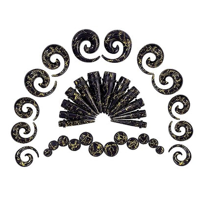 Qmcandy 00G-20mm Ear Stretching Kit 36PCS Big Gauge Taper Kit Large Acrylic Tunnel Plug Spiral Set - color: 36pcs Gloden Line, Black