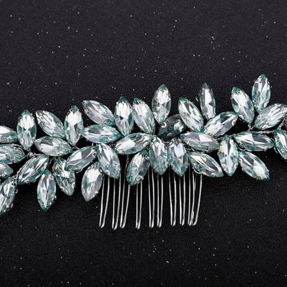 Teyglen Wedding Crystal Hair Comb Full Mint Blue Rhinestone Hair Comb Sparkly Hair Accessories for Bride Crystal Hair Piece for Women Girls - color: Mint Green