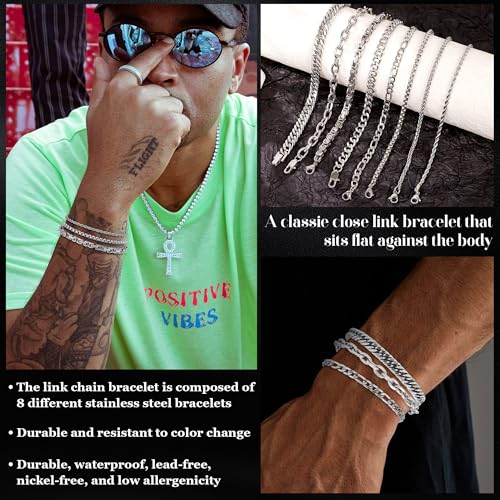 REVOLIA 8Pcs Stainless Steel Chain Bracelets for Men Women Cuban Link Bracelets Paperclip Figaro Rope Chain Bracelets Set 6.8-9 Inches - color: Silver