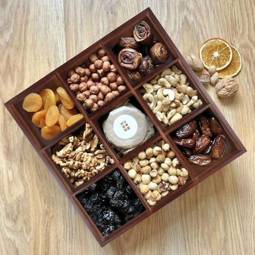 FUNSUEI 2 PCS Multi Compartment Wooden Tray, Divided Wooden Tray, Bamboo Serving Tray with 9 Sections, Wood Divided Snack Tray Storage Box for Appetizers, Jewelry, 12 x 12 x 1.85 Inch - size: 2 PCS 9 Sections