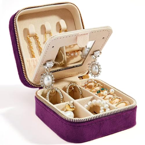 Smileshe Travel Velvet Jewelry Box with Mirror, Mini Gifts Case for Women Girls, Small Portable Organizer Boxes for Rings Earrings Necklaces Bracelets - color: PlushVelvet-Purple