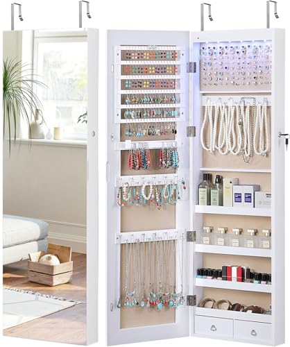 GISSAR Full Length Mirror Jewelry Cabinet, 6 LEDs Jewelry Armoire Wall Mounted Over The Door Hanging, Jewelry Organizer Storage with Lights Lockable, White Surface with Beige Lining, 14.6" x 47.2" - color: White 2 (Beige Lining)