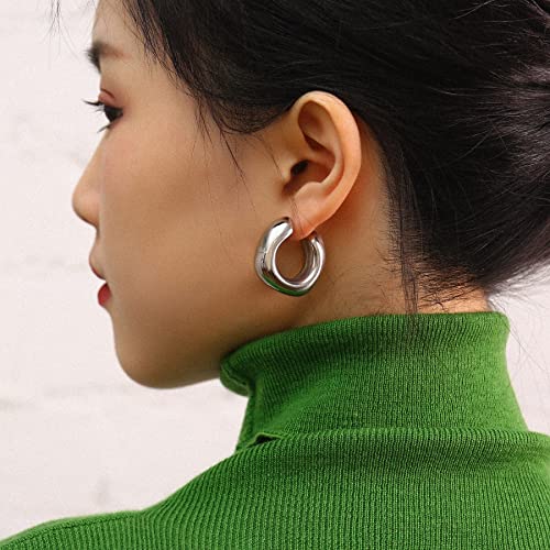 Waterproof Thick Gold Chunky Hoops Earrings for Women Non Tarnish,Gold Plated Hypoallergenic Open Hoop Earrings,Lightweight Hollow Earrings - color: Silver