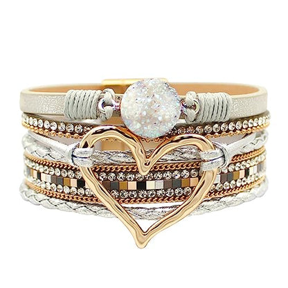 Womens Love Heart Leather Wrap Bracelet Multi-layer Stacked Bangle | Magnetic Clasp Soft PU Leather Resin Stone Rhinestone Boho Style Birthday Valentine Christmas Bohemian Jewelry Gift - color: White-gold