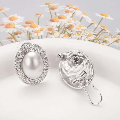 Pearl and Rhinestone Stud Earrings for Women Retro Statement Earrings Wedding Party Prom Jewelry - color: Oval Pearl-Silver