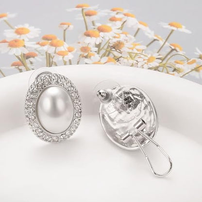 Pearl and Rhinestone Stud Earrings for Women Retro Statement Earrings Wedding Party Prom Jewelry - color: Oval Pearl-Silver