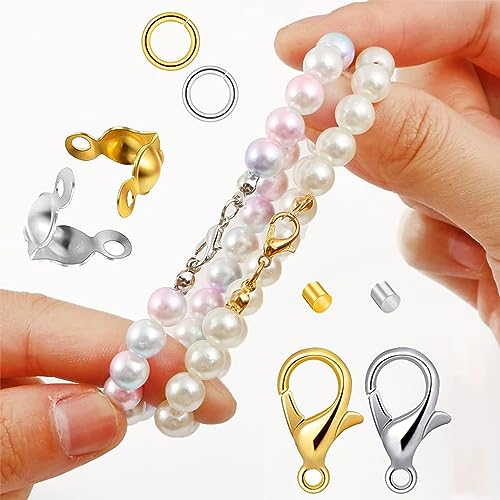 1200 Pcs Jewelry Making Accessories Set with 100 Pieces Lobster Claw Clasp 300 Pieces Bead Tips Knot Covers 400 Pieces Crimp Tube Beads and 400 Pcs Open Jump Ring Connectors for DIY Jewelry (Silver)