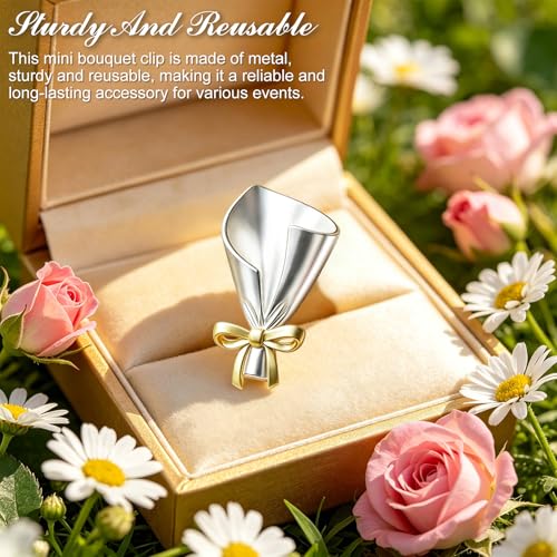DIY Wearable Flower Bouquet Brooch Clip, Metal Bouquet Holder Lapel Pins, Reusable Fashion Brooches Pins for Flowers Bouquets, For Holding Fresh or Dried Flowers Daily or Party Wedding (Gold Bow)