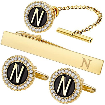 HAWSON Tie Clips, Cufflinks, Tie Tack & Lapel Pins for Men - Suitable for Neckties and French Cuff or Dress Shirt Suits - Jewelry Box Packed, Initials Designed - style: N-4pcs Sets