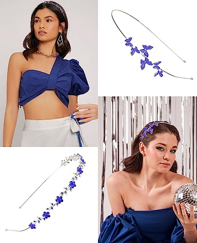 Wecoe Royal Blue Rhinestone Headband Flower Girl Wedding Headpiece Crystal Metal Headbands for Women Fashion Hairband Gifts 4 Pack - color: Silver band & royal blue rhinestones