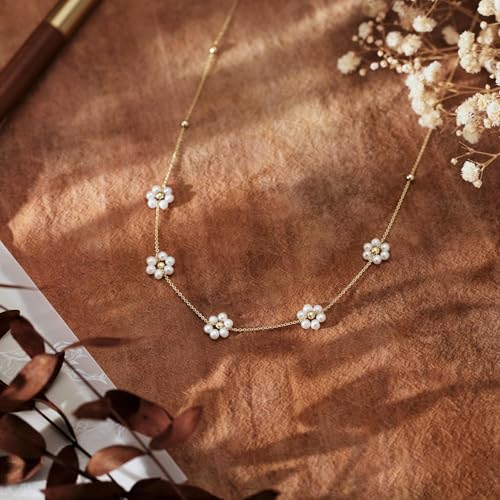 Ursteel 14K-Gold-Plated Necklace for Women Girls, Cute Daisy Pearl Necklace for Girls Clover Butterfly Cubic Zirconia Flower Evil Eye Station Necklaces for Women Teen Girl Gifts - color: " Daisy Pearl