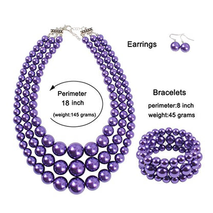 KOSMOS-LI Women's 3 Layer Simulated Pearl Statement 18" Necklace Bracelet and Earrings Jewelry Set Stocking Stuffers - color: purple