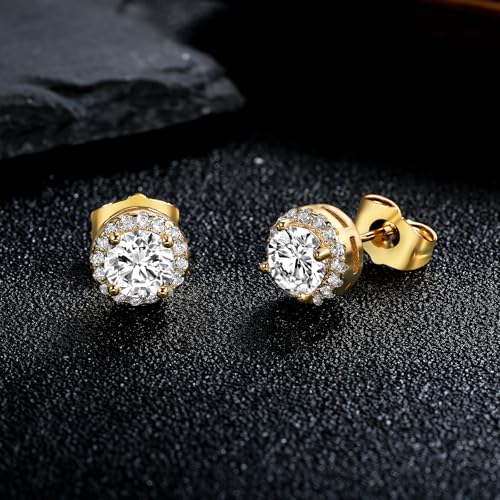 MDFUN Halo Stud Earrings 18K Gold Plated 5A+ Cubic Zirconia Round Earrings Hypoallergenic Ears Jewelry for Women Men - color: Yellow Gold