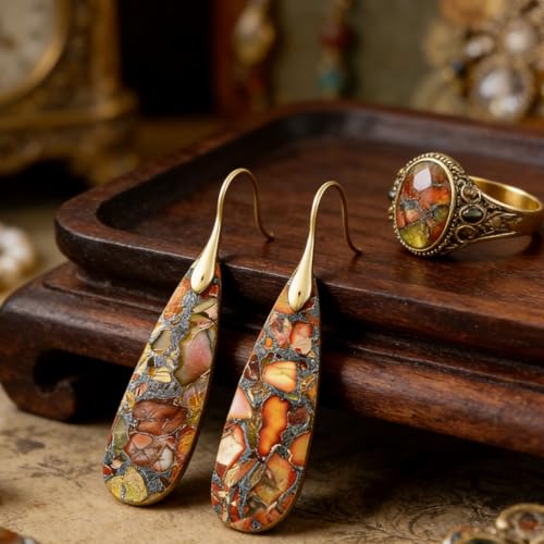 Boho Natural Imperial Jasper Teardrop Dangle Earrings for Women – Hypoallergenic French Hook Stone Drop Earrings Jewelry - color: Orange Golden Hook