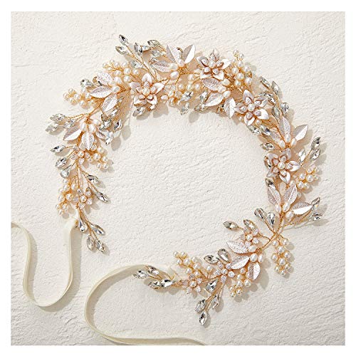 SWEETV Handmade Rhinestone Wedding Headband Flower-Leaf Bridal Headpieces for Wedding Pearl Hair Accessories (Gold) - color: Gold