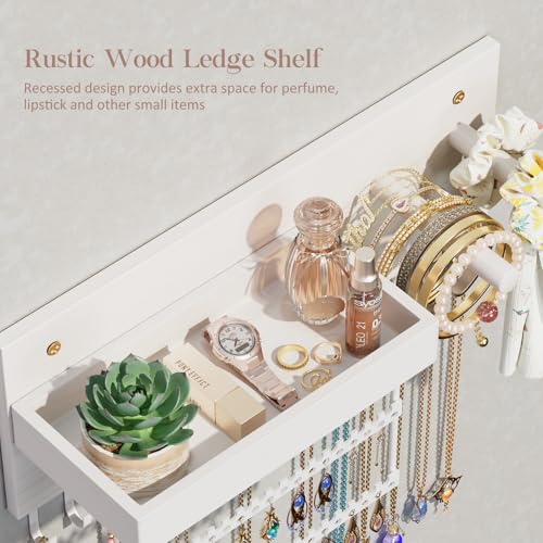Lolalet Wall Mounted Hanging Jewelry Organizer, 15 Hooks Wooden Necklaces Holder with Storage Shelf, Easy Install Earrings Bracelets Hanger -White - color: White