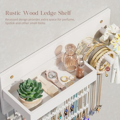 Lolalet Wall Mounted Hanging Jewelry Organizer, 15 Hooks Wooden Necklaces Holder with Storage Shelf, Easy Install Earrings Bracelets Hanger -White - color: White