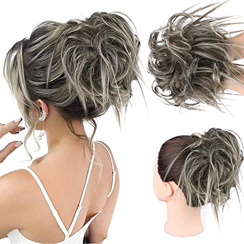 HMD Tousled Updo Messy Bun Hair Piece for Women Curly Hair Bun | Synthetic Messy Hair Bun Scrunchies Tousled Updos Ponytail Hairpieces for Daily Wear - color: Ash Blonde Mix Dark Brown