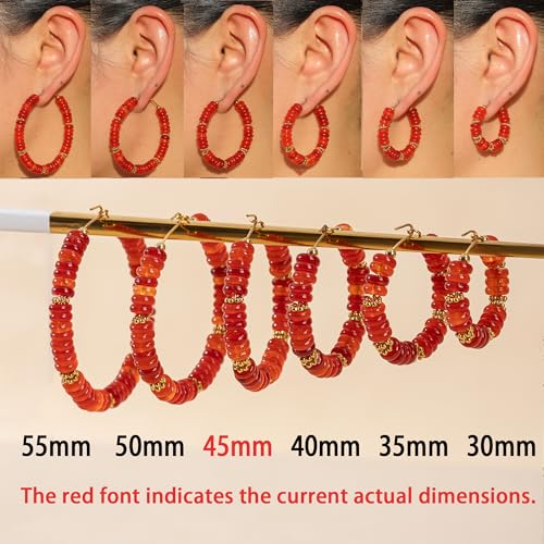 Wellike Beaded Hoop Earrings for Women Natural Stone Pink Gold Huggie Earrings Hypoallergenic Dainty Waterproof Trendy Jewelry - color: Red, size: 45mm