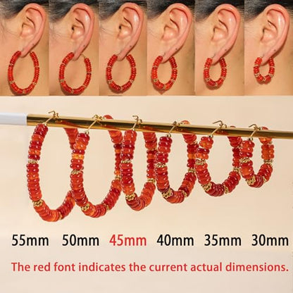 Wellike Beaded Hoop Earrings for Women Natural Stone Pink Gold Huggie Earrings Hypoallergenic Dainty Waterproof Trendy Jewelry - color: Red, size: 45mm