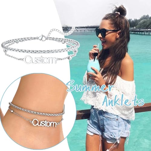 U7 Custom Layered Ankle Bracelets for Women Stainless Steel Bead/Cuban/Figaro/Rope/Wheat Chain Anklet Waterproof Anklet Jewelry for Beach Vacation - color: b-Silver-Wheat Chain