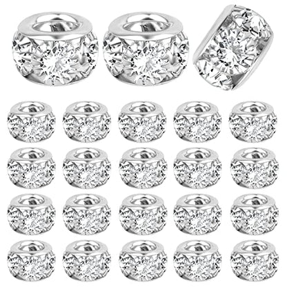 BronaGrand 40 Pieces 8mm Large Hole Rhinestone Beads Crystal Rondelle Spacer Beads Loose Charm Beads for European Bracelet DIY Jewelry Making, Silver - color: Silver, size: 8MM