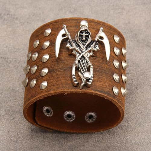 JAOYU Punk Leather Cuff Bracelet Goth Leather Wristband Rock Bracelet Biker Bracelet for Men Leather Armband Black Handmade Jewelry - color: Death Skull Bracelet Brown