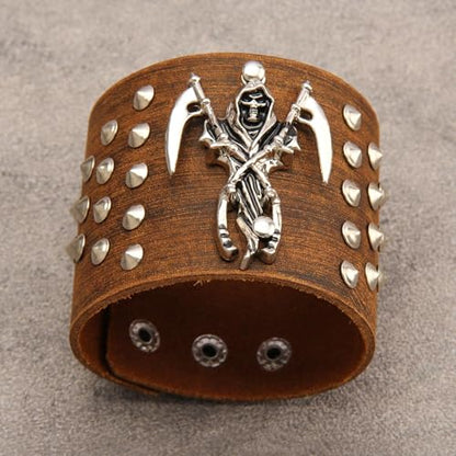 JAOYU Punk Leather Cuff Bracelet Goth Leather Wristband Rock Bracelet Biker Bracelet for Men Leather Armband Black Handmade Jewelry - color: Death Skull Bracelet Brown