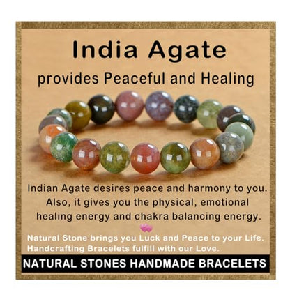 AD Beads Handmade Gemstone Stretch Elastic Bracelet Crystal Healing Reiki Nature's Beauty and Spiritual Essence Unisex (10mm, Indian Agate) - color: Indian Agate, size: 10mm
