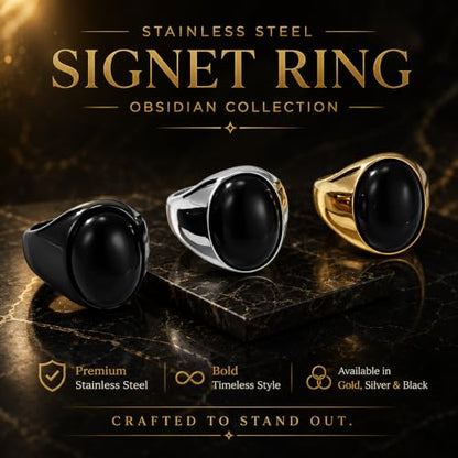 Stainless Steel Tiger Eye Obsidian Ring for Men Women, Oval Stone Signet Ring, Gold Silver Black Tone Stainless Steel Statement Jewelry Gift for Daily Wear - color: Black Obsidian