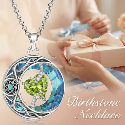 ONEFINITY Moon Star Necklace 18K White Gold Plated Celtic Moon Birthstone Pendant Necklaces Heart Birthstone Anniversary Birthday Jewelry Gifts for Women Wife Mom - style: August