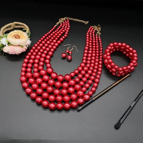 Faux Big Pearl Srand Necklaces for Women 5 Layers Pearls Choker Bib Collar Necklace Bracelet and Earrings set 1920s Costume Pearl Jewelry Bridal Wedding - color: red