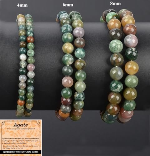 MASSIVE BEADS Handmade Yoga Stretch Elastic Bracelet Natural Stone Crystal Healing Power Energy Gifts for Unisex Adult 4mm 6mm 8mm 10mm - color: Indian Agate(Peaceful), size: 6mm