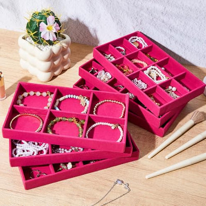12 Pcs Jewelry Tray Velvet Stackable Jewelry Organizer Trays Divided Earring Accessories Storage Containers Box (Rose Red) - color: Rose Red