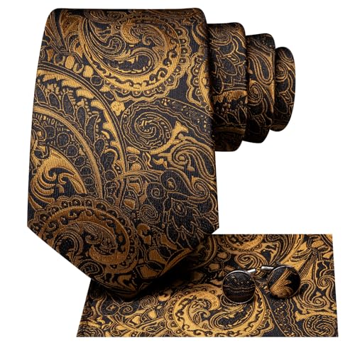 Hi-Tie Men 63inches Tie Set Extra Long Necktie Paisley Tie Pocket Suqare Cufflinks Big and Tall Men Tie - color: Black Gold Paisley