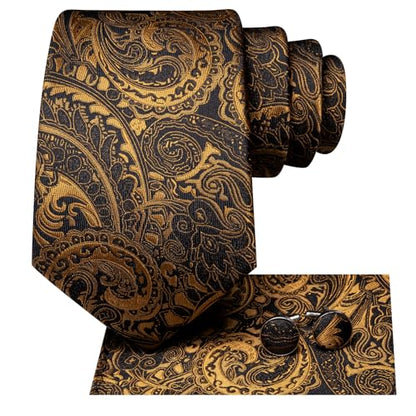 Hi-Tie Men 63inches Tie Set Extra Long Necktie Paisley Tie Pocket Suqare Cufflinks Big and Tall Men Tie - color: Black Gold Paisley