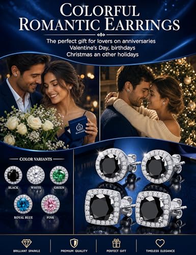 2 Pairs S925 Sterling Silver Stud Earrings for Women Halo Cubic Zirconia | 14K Gold Plated Hypoallergenic Non Tarnish Round Square Silver Stud Earring for Women Men Dainty Trendy Jewelry - style: Silver-Black Stone