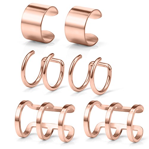 Stainless Steel Ear Cuff Non piercing Fake Clip-on Cartilage Earring Set Women Men 6pcs - color: 6PCS - Rose Gold