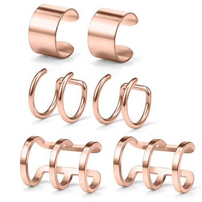 Stainless Steel Ear Cuff Non piercing Fake Clip-on Cartilage Earring Set Women Men 6pcs - color: 6PCS - Rose Gold